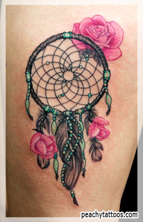 Pink Rose Flower And Dreamcatcher Tattoo On Left Side Rib